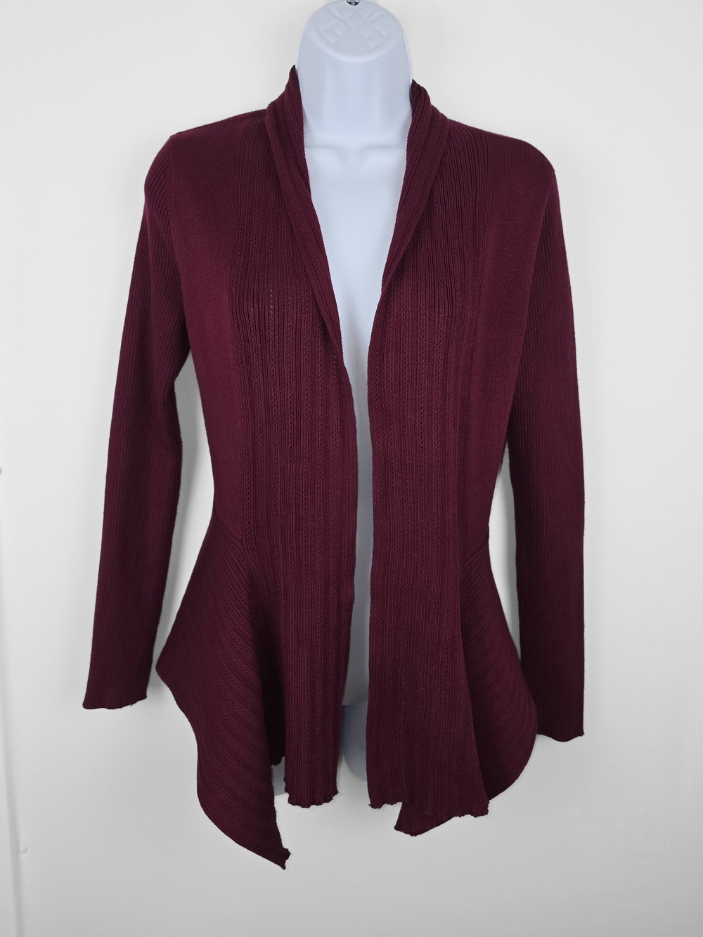 Liz Claiborne Career Burgundy Draped Open Front Long Sleeve Knit Cardigan Small